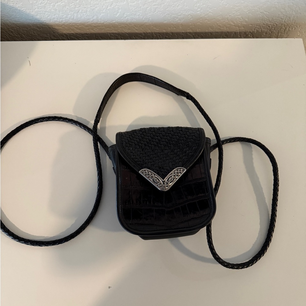 Vintage Brighton Mini Saddle Crossbody Leather Bag Croc, Woven, Braided, black